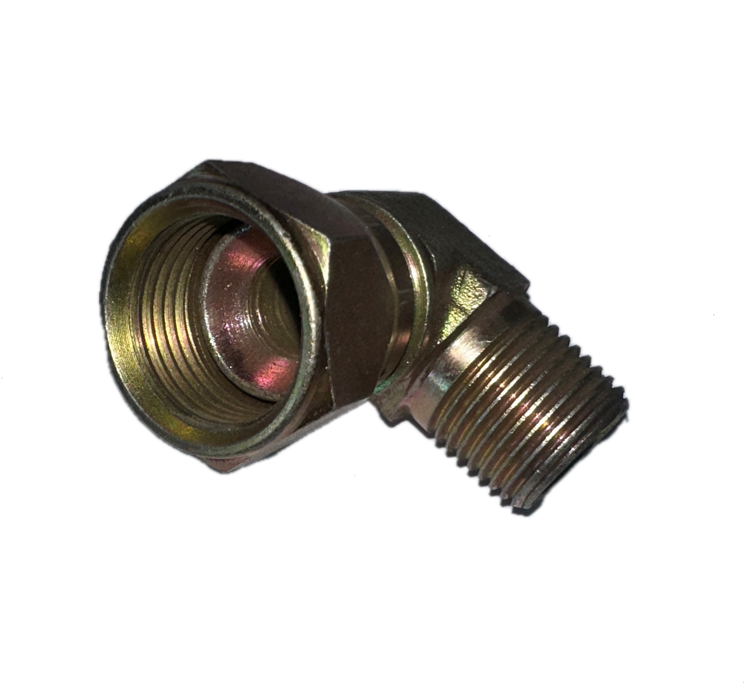 Codo 90° Adaptador Hembra Giratoria JIC (Tuerca Loca) a Macho Gas (BSP)